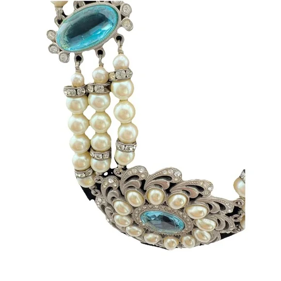 VTG 1928 Faux Pearl 3 Strand Choker Necklace Blue Clear Stones LRG Pendant - Picture 3 of 14